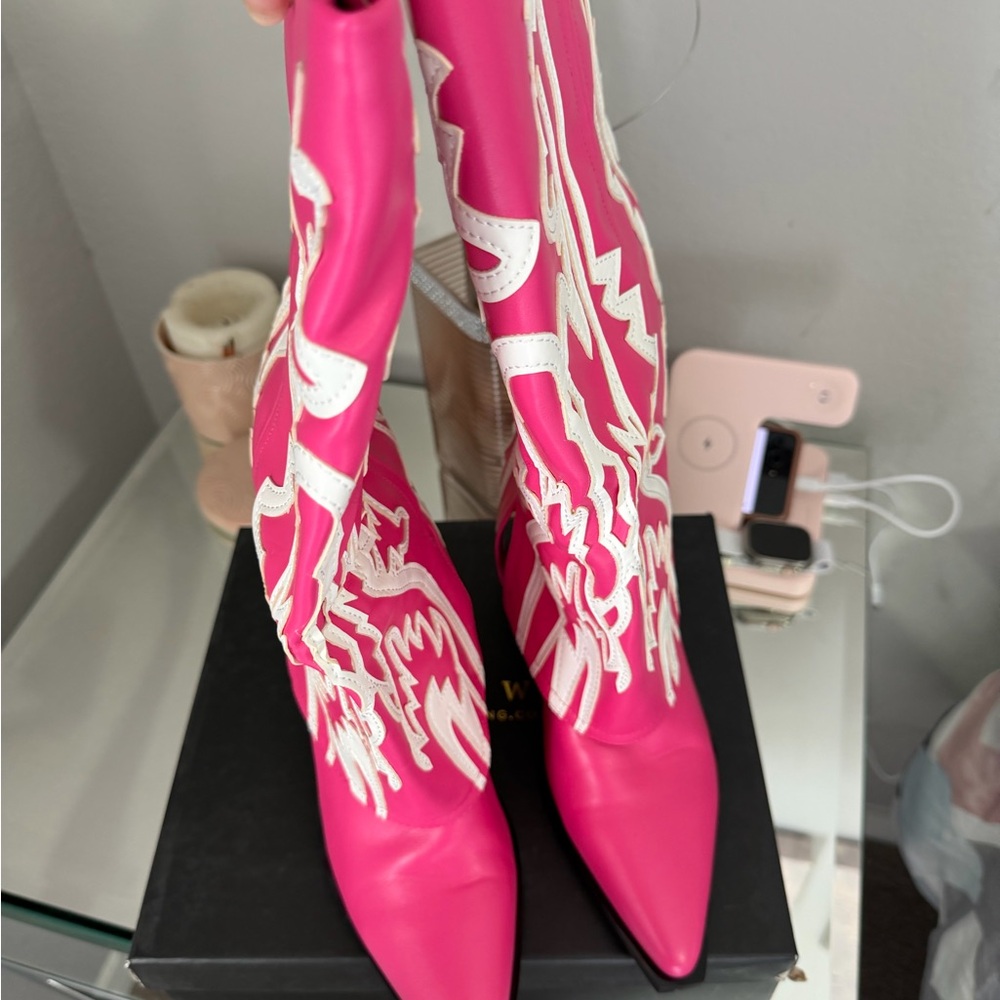 Chic Pink and White Heeled Boots